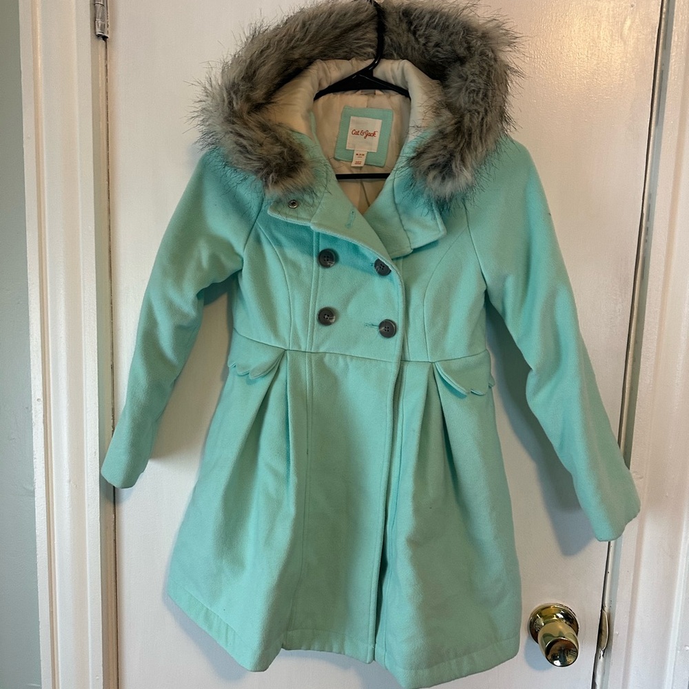 Cat & Jack Aqua Pea Coat with Faux Fur Trim